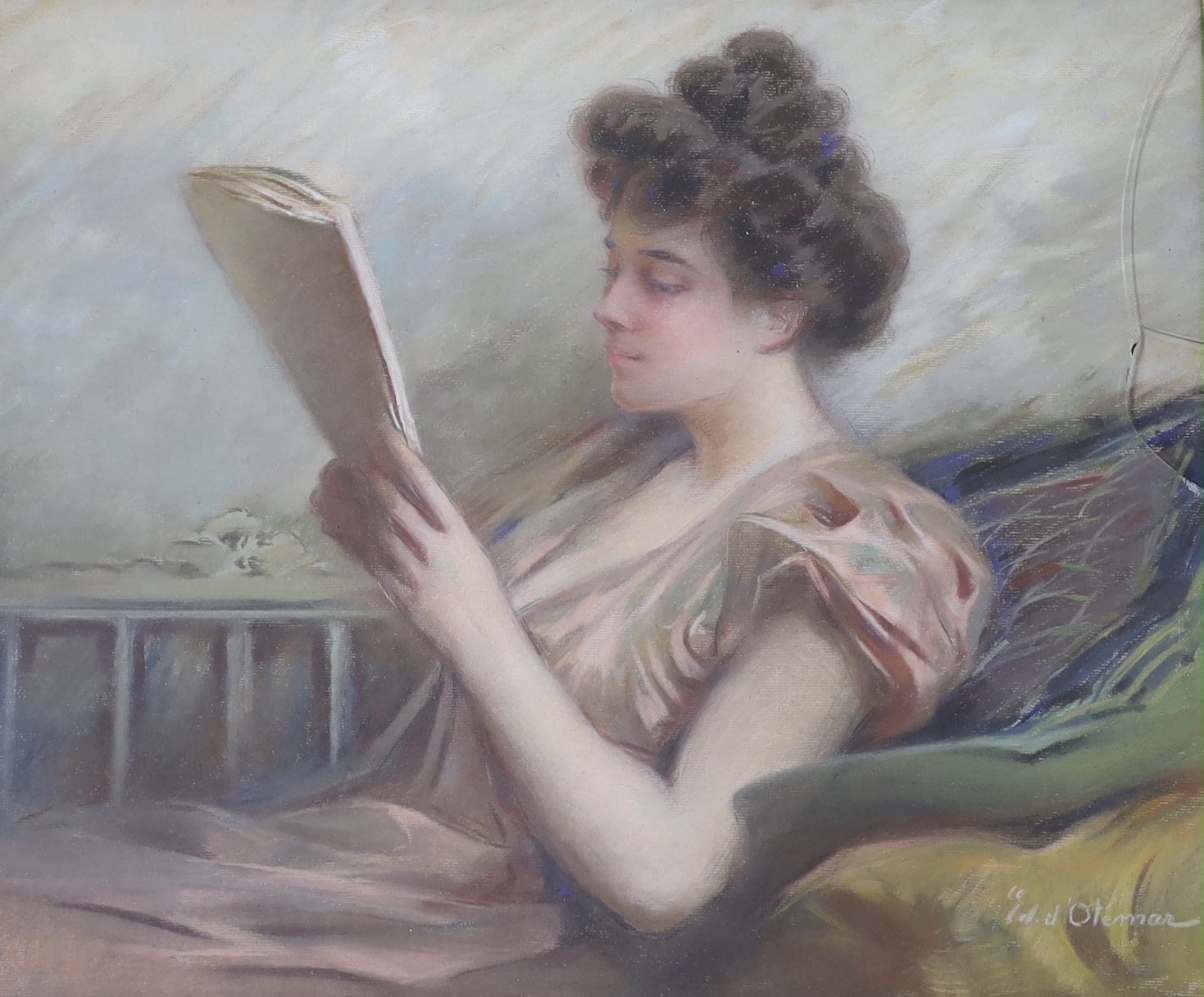 Marie Adolphe Edouard Modérat d'Otemar (French, Exh.1889-1906), pastel, Young lady reading a newspaper, signed, 45 x 54cm